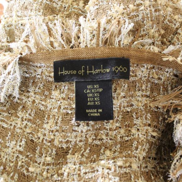 House of Harlow Tweed Open Coat Womens XS Gold Shimmer Jacket Boho Chic Fringe - Picture 6 of 7